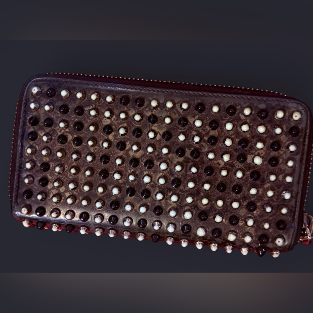 Louboutin Long Wallet Marbled Leather w/White & Black Studs w/Round Zip Rare
